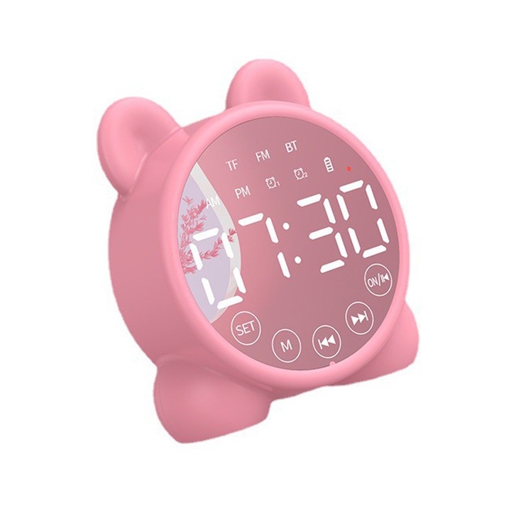 Ceas digital cu alarma copii, acumulator 1200mAh, 5 tonuri, 12 ore de viata a bateriei, afisaj de putere, doua alarme, Roz