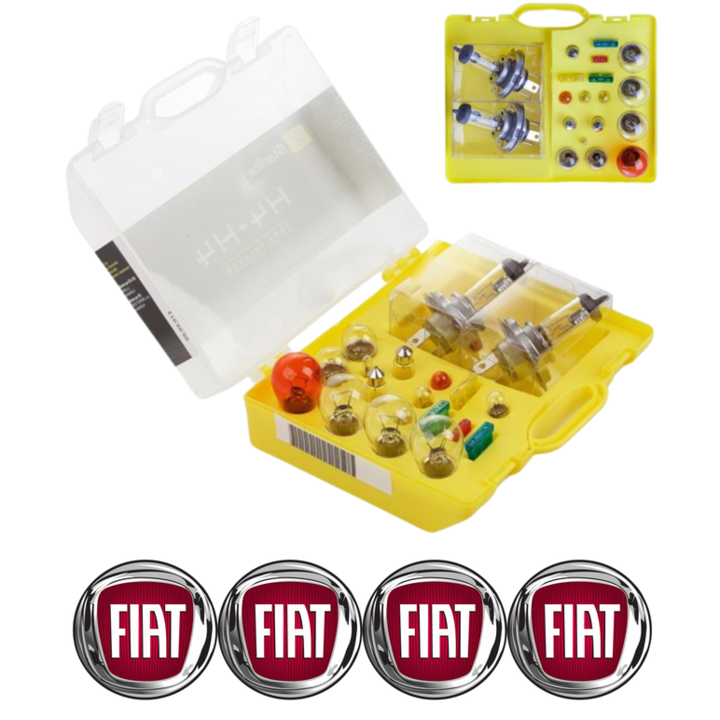 Kit trusa Set becuri H4 compatibila cu Fiat Fiat 500 din 2007 – 2017, bec far, semnalizare, pozitie, iluminare numar, frana, plafoniera, stop frana si 4 Stickere Autoadezive Fiat