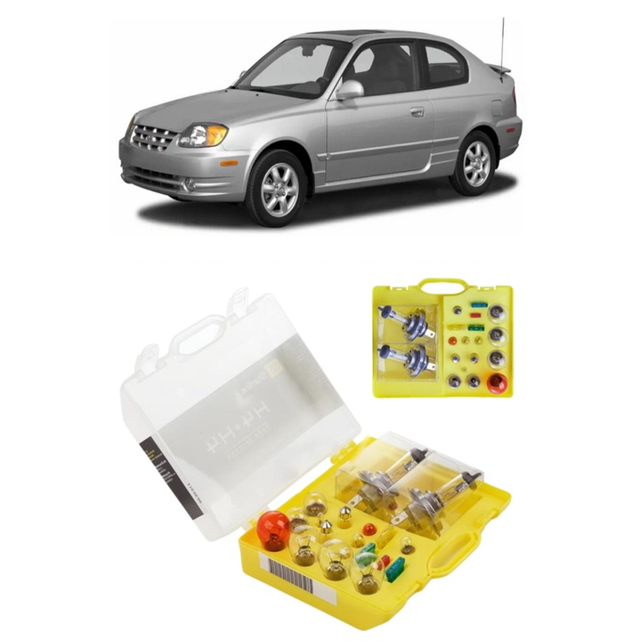 Kit trusa Set becuri H4 compatibila cu Hyundai Accent din 2002 - 2011, bec far, semnalizare, pozitie, iluminare numar, frana, plafoniera, stop frana si 4 Stickere Autoadezive Hyundai