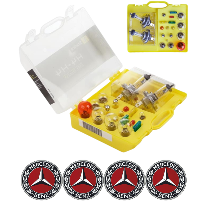 Kit trusa Set becuri H4 compatibila cu Mercedes-Benz E-Class W124 din 1984 - 1997, bec far, semnalizare, pozitie, iluminare numar, frana, plafoniera, stop frana si 4 Stickere Autoadezive Mercedes-Benz