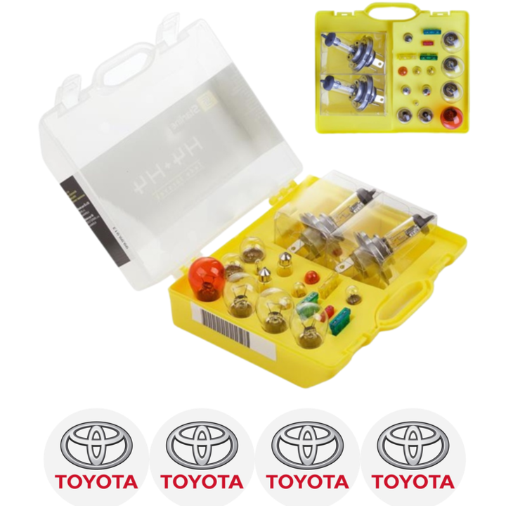 Kit trusa Set becuri H7 compatibila cu Toyota Corolla din 2013 - 2019, bec far, semnalizare, pozitie, iluminare numar, frana, plafoniera, stop frana si 4 Stickere Autoadezive Toyota