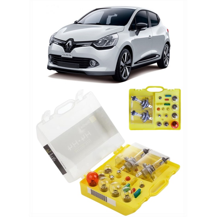 Kit trusa Set becuri H7 compatibila cu Renault Clio din 2012 - 2019, bec far, semnalizare, pozitie, iluminare numar, frana, plafoniera, stop frana si 4 Stickere Autoadezive Renault