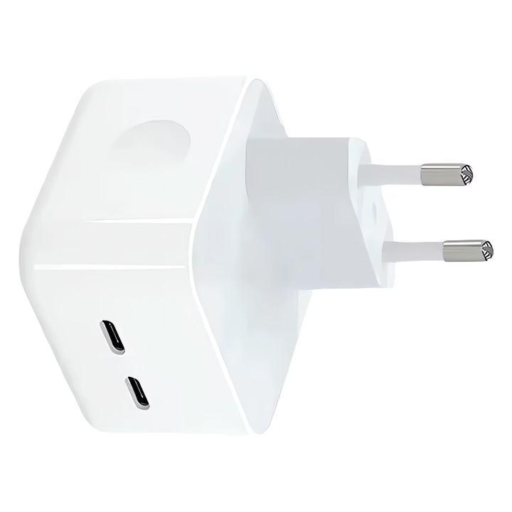 Зарядно Bervolo®, 2 USB Type-C порта, 35W, Бързо зареждане с Power Delivery и QC 3.0, Адаптер за супер бързо зареждане, Разширена защита, Съвместимо с iPhone 15/16, Samsung, Huawei, Google Pixel, Oppo, Пътнически комплект, Бял