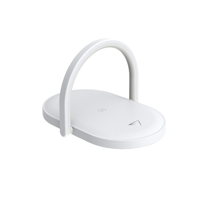 Incarcator wireless, 3 in 1, 15W, 5V/2.1A, 9V/1.67A, lumina de noapte, suport pentru telefon mobil, comutator tactil cu 3 pozitii, reglare multiangulara, alb