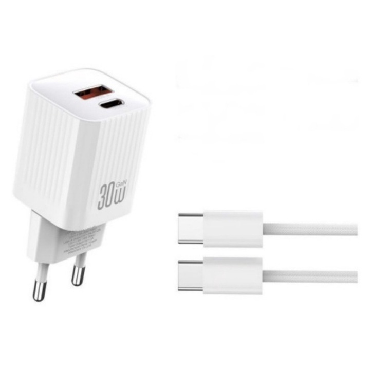 Incarcator Retea idealStore, Cu Doua USB-uri, Putere 30W, Inclus Cablu USB TYPE C, Culoare Alb