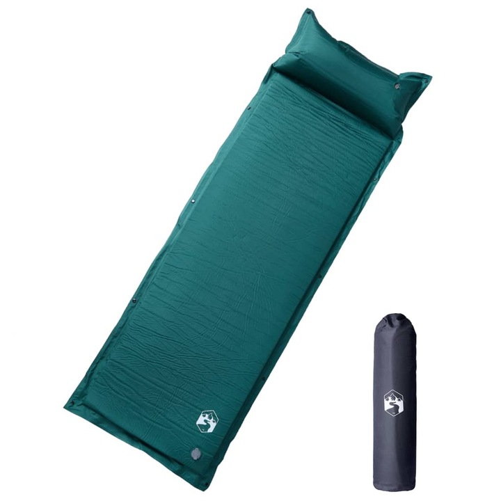 VidaXL Önfelfújódó kempingmatrac, párnával, 1 személyes, zöld, 1,44 kg