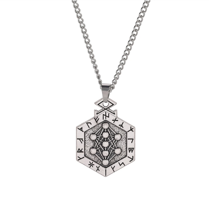 Pandantiv amuleta arborele lumii, decor runic, argintiu, 3.5x2.5cm