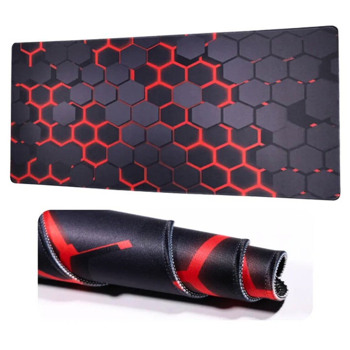 Mousepad Gaming Profesional 3D, Extra Large, 80x30 cm, Cauciucat, Rezistent la Apa, Viteza Alunecare Marita, Stabilitate, Anti-Derapant, Cusaturi Anti-Rupere, Eficienta, Deisgn Modern, Negru / Rosu
