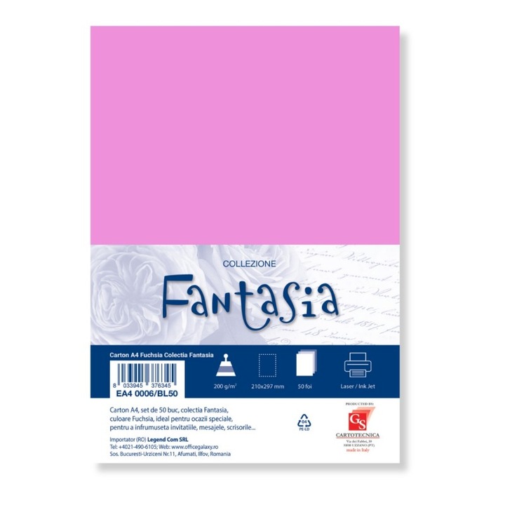 Carton color A4, 200g/m2, fuchsia COLORARTE FANTASIA, 50 coli/top