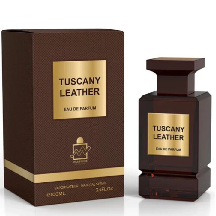 Apă de parfum unisex Milestone Tuscany Leather, 100 ml, note fructate și florale, culoare amber