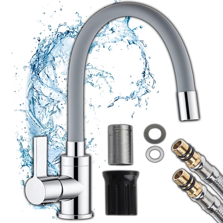 Baterie Bucatarie RETOO HomeSmart, Gat Flexibil 360°, Reglabila pe Inaltime, Furtun Siliconic, Montare Rapida, Design Modern, Materiale Premium, Rezistenta la Coroziune, Culori Argintiu-Gri, Compatibila cu Majoritatea Chiuvetelor, Certificat CE
