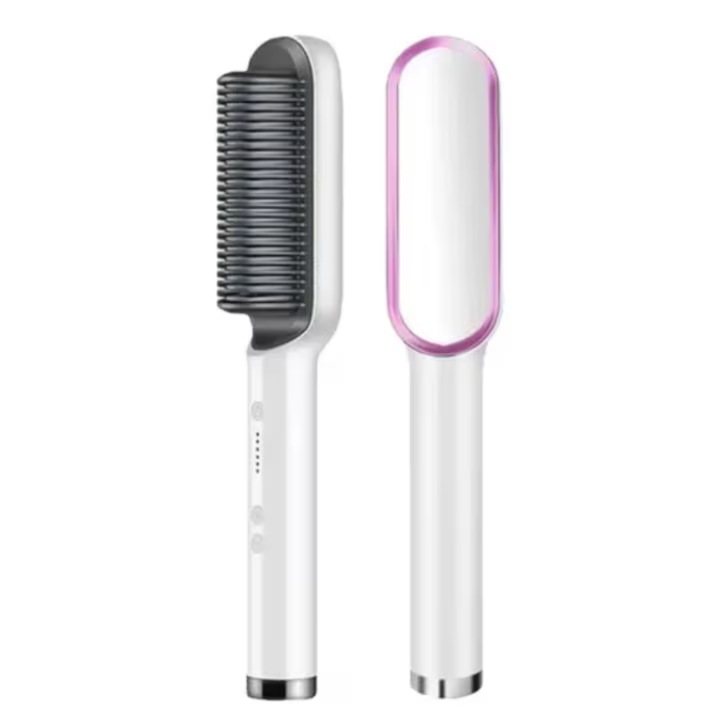 VarioShop® hajkiegyenesítő kefe, 5 hőmérsékleti fokozat, LED kijelző, PTC fűtés, égésgátló, gyors formázás, könnyen használható, 35 W, Fehér