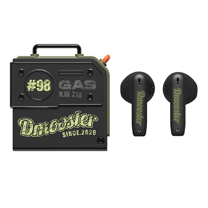 Casti Bluetooth In-Ear D MOOSTER D37 TWS, Bluetooth 5.3, Design Bidon de Ulei (Negru Verde), Sunet 360°, Autonomie 5h, Incarcare Tip-C
