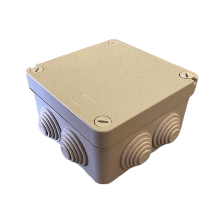 Doza, Cutie de Derivatie, 110x110x60mm, IP55, Montaj Aplicat, Cu 7 Presetupe (Gauri Predefinite) Pina la Ø25, Capacul (Cu Suruburi din Plastic 1/4 de Rotatie), Halogen Free, EC491C4 Elettrocanali