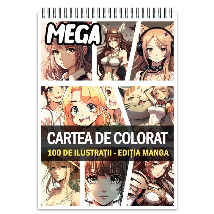 Мега антистрес книга за оцветяване, 100 манга илюстрации, 206 страници