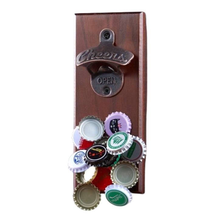 Deschizator Magnetic de Sticle cu Suport Capace, din Lemn, Montare pe Perete, Ideal pentru Bar, Bucatarie sau Cadou