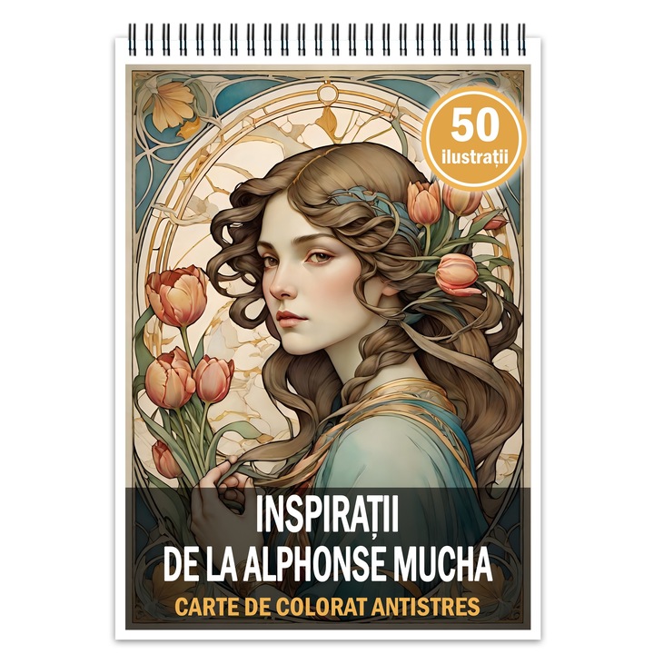 Carte de colorat antistres, 50 de ilustratii Inspiratii de la Alphonse Mucha, 106 pagini