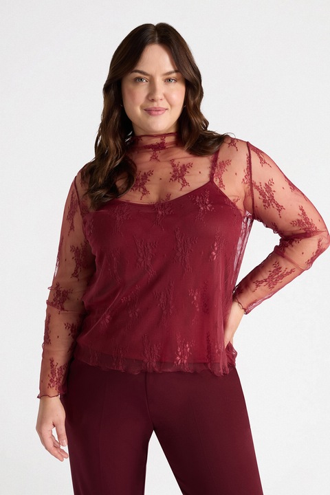 FIORELLA RUBINO, Bluza de dantela cu model floral si guler inalt, Rosu, S