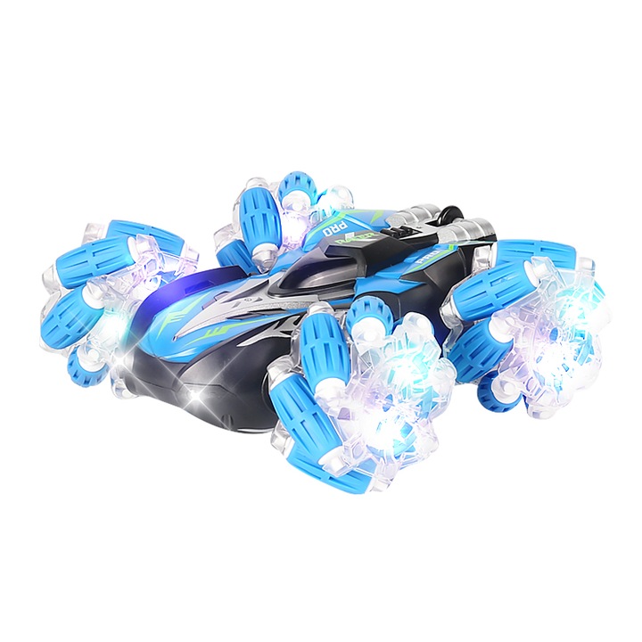 Masina cu telecomanda 4WD, cascadorie, albastra, 16x15x6.5cm, set cu lumini LED