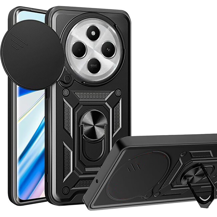 Husa telefon, compatibila cu Xiaomi Redmi 14C, Rugged Shield LensProtect, Anti-soc, Capac glisant pentru camere, Protectie lentile, Acoperire completa, Inel de prindere, Magnet, Negru