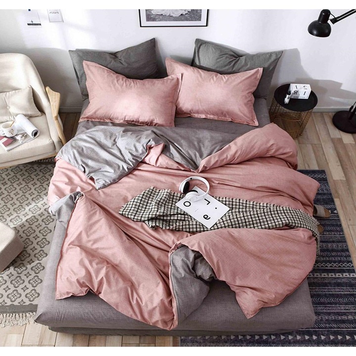 Set Lenjerie de pat CHIRASO, din Bumbac Satinat, pentru 2 persoane, 4 piese, Cearceaf de pat cu elastic 180x200 cm, Cearceaf pilota 200x230 cm, 2 fete de perna 55x75 cm, UNI, gri-roz prafuit