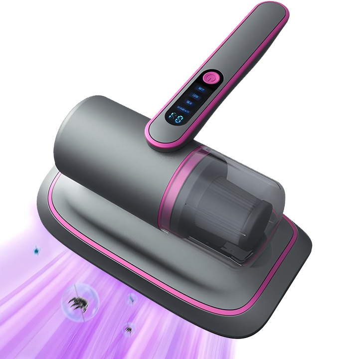 Aspirator fara sac, BOMSTOM, portabil, putere de aspiratie 13000PA, lumina UV, Indepartati acarieni, ergonomic, reincarcabil la USB, 28.5x24.5x12cm, gri-violet