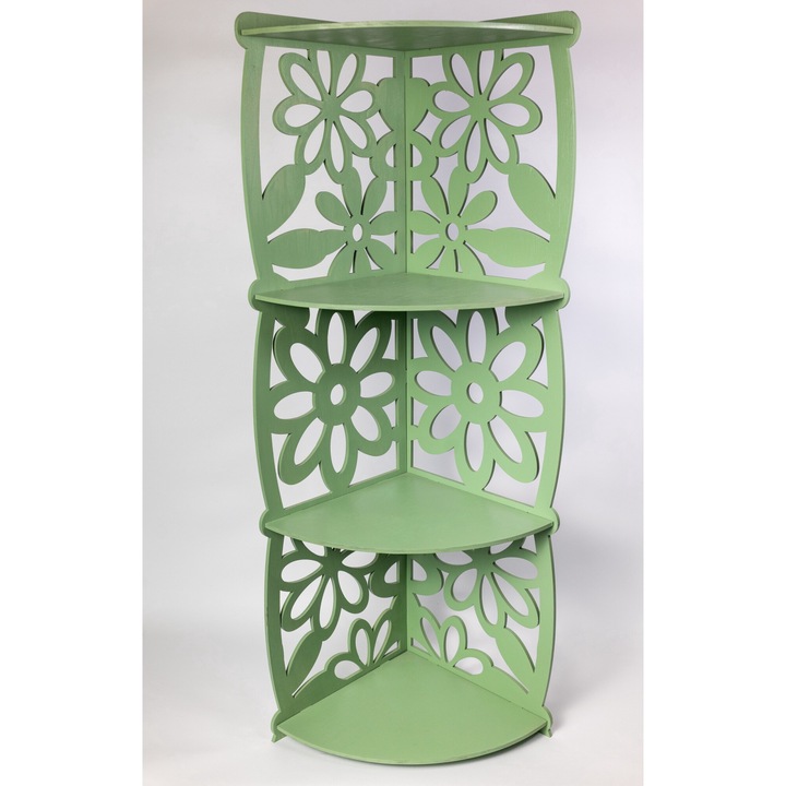 Suport de colt din lemn, 90x37 cm, 4 rafturi, decor floral 3D, verde mentol – Ideal pentru flori si obiecte decorative