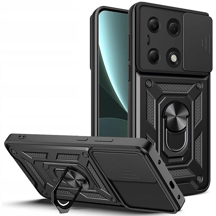 Telefontok, Xiaomi Redmi Note 13 Pro 5G / Poco X6 kompatibilis, Rugged Shield LensProtect, Ütésálló, Csúszó kamerafedél, Lencsevédelem, Teljes lefedettség, Fogógyűrű, Mágnes, Fekete