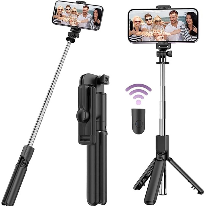 Trepied foto telescopic BOMSTOM, 360° rotire, pentru telefon/camera foto/GoPro, Telecomanda Bluetooth, Universal, functie selfie stick, Ajustabil, Aluminiu, 18.5x4.8x3.2cm, 115g, Negru