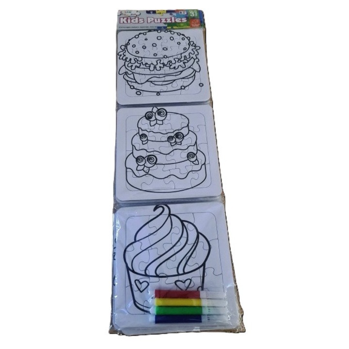 Kids-Puzzles - 3 színezhető puzzle ajándék filctollkészlettel - hamburgeres életkor: 4+