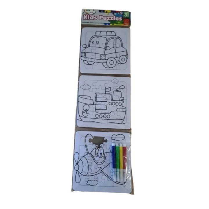 Kids-Puzzles - 3 színezhető puzzle ajándék filctollkészlettel - járműves életkor: 4+