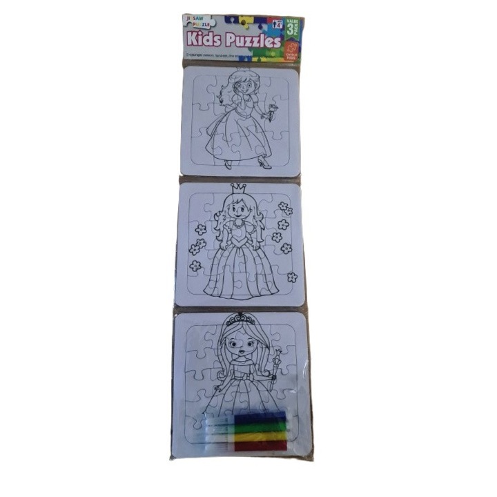 Kids-Puzzles - 3 színezhető puzzle ajándék filctollkészlettel - királylányos életkor: 4+