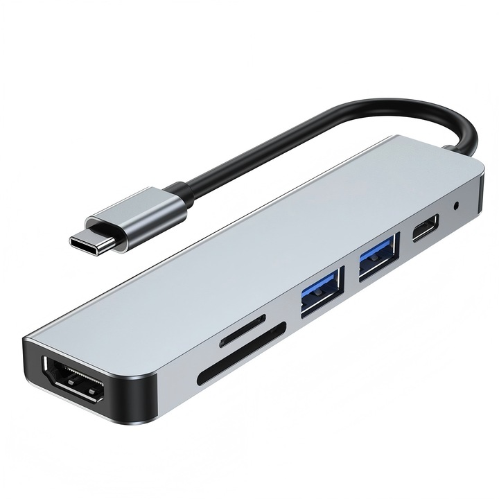 Adaptor Hub USB Type-C 3.1 Multiport 6 in 1 la HDMI 4K 30HZ, 1 x USB 3.0, 1 x USB 2.0, PD 60W Charging Port, SD/TF Card Reader, Docking Station pentru Laptop Lenovo, Dell, HP, Asus, Acer, Apple MacBook Air/Pro, Chromebook, Tableta, Bluvista®, Gri