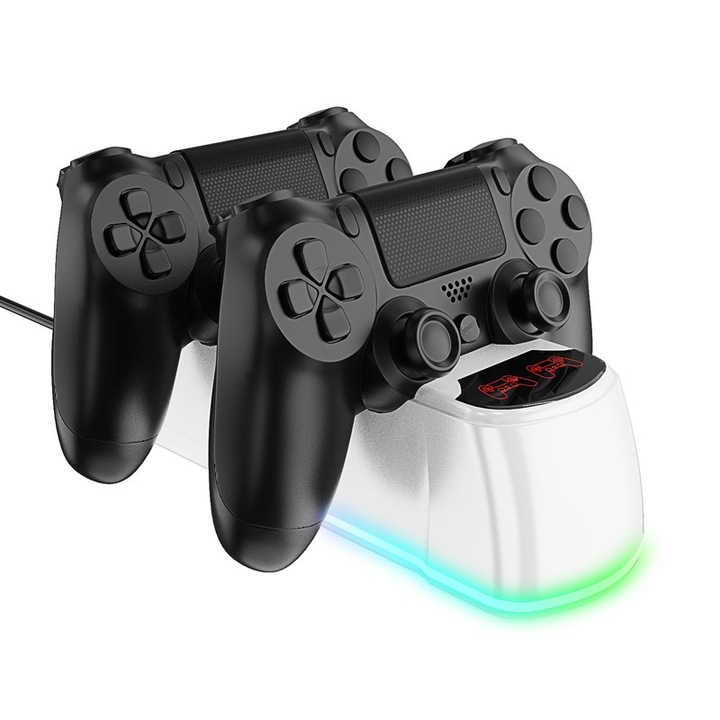 Зарядна станция, за PS4 контролери, с интелигентна защита, индикаторни светодиоди, RGB дизайн