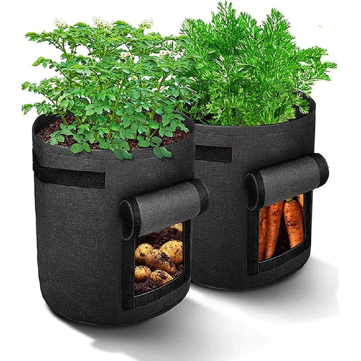 Set de 2 pungi pentru cultivat cartofi, capacitate 10 galoni, cu maner si fereastra rulabila, ghiveci pentru cultivarea cartofilor, negru