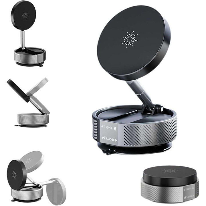 Telefontartó elektromos tapadókoronggal és erős mágnessel, 360°-ban forgatható és 270°-ban összecsukható, stabil rögzítésű, mágneses autós tartó, ezüstszürke