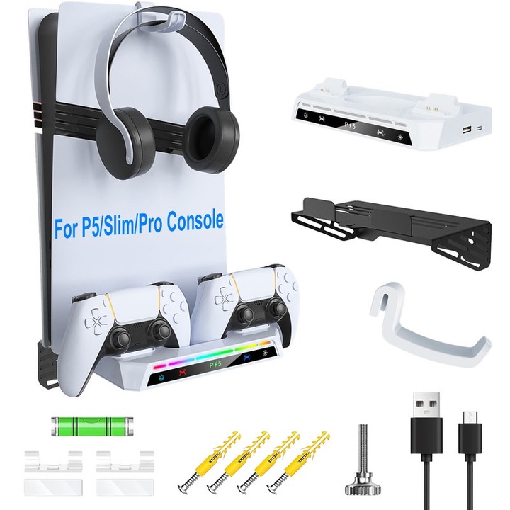 Комплект скоби за стена PS5/PS5 Slim/Pro, стоманена скоба, зарядно устройство с двоен контролер, персонализирано RGB осветление