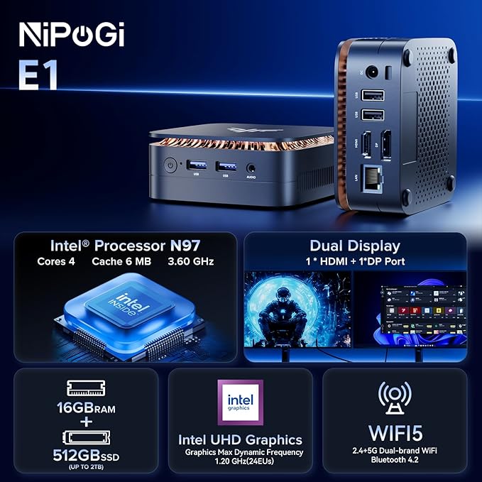 Mini PC Nipogi E1 Procesor Intel Alder Lake-N97 up to 3.60GHz
