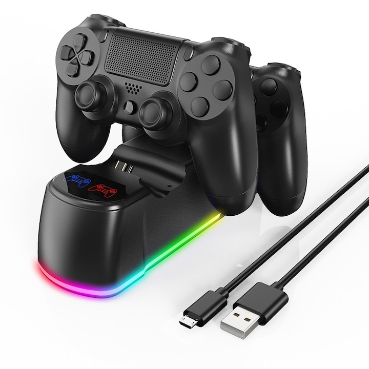 Töltőállomás, PS4 kontrollerekhez, RGB kivitel, USB kábel