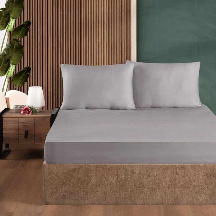 Set husa de pat cu elastic si 2 fete de perna, 100% bumbac ranforce, 200x200cm, First Choice, Gri (Ash)