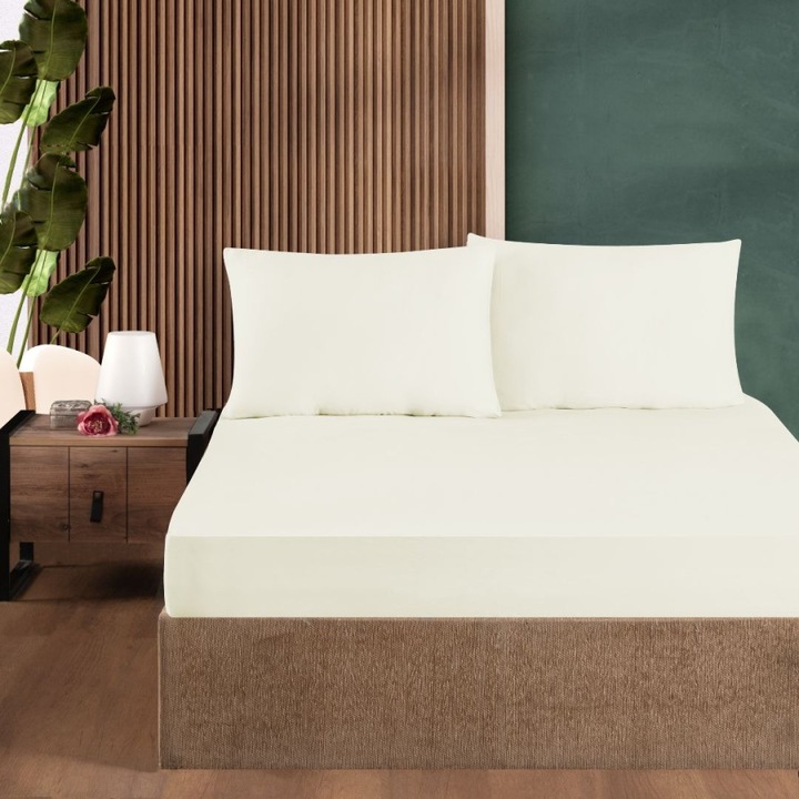 Set husa de pat cu elastic si 2 fete de perna, 100% bumbac ranforce, 180x200cm, First Choice, Crem