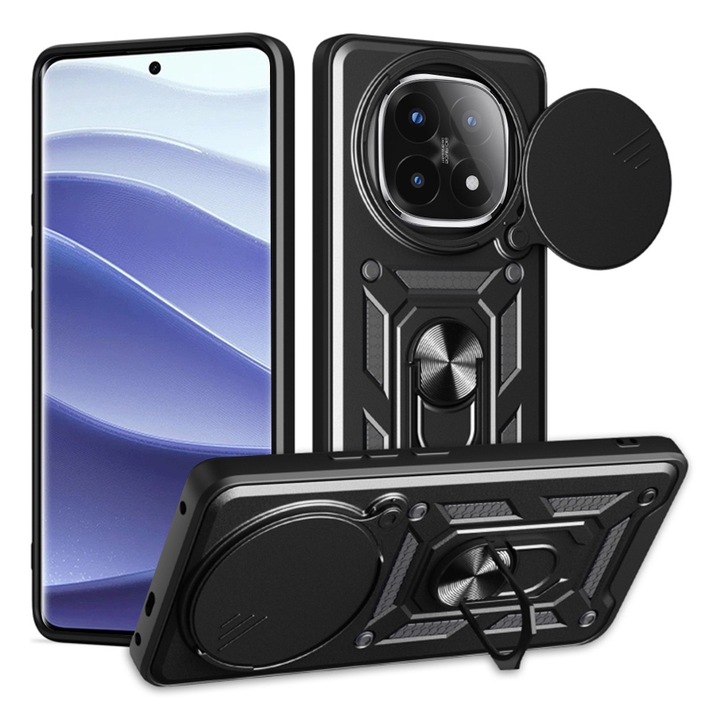 Калъф за телефон, съвместим с Xiaomi Redmi Note 14 Pro 4G / Poco F7, Rugged Shield LensProtect, Anti-shock, Плъзгащ се капак на камерата, Защита на обектива, Пълно покритие, Грип пръстен, Магнит, Черен
