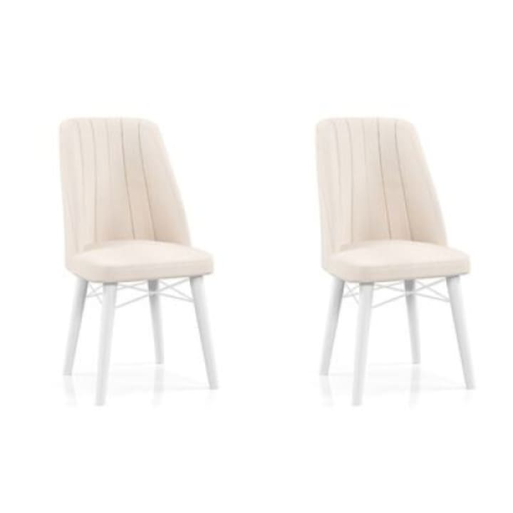 Set Scaune Berlin Babyface Crem, 2 bucati, pentru living si bucatarie, tapitate cu material textile catifea, picioare albe, 98cm x 45cm x 45 cm - Desire Furniture