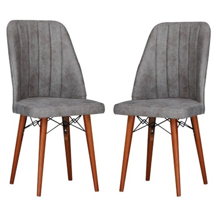 Set scaune Berlin Gri, 2 bucati, pentru living si bucatarie, tapitate cu material textil, picioare lemn, 98cm x 45cm x 45 cm - Desire Furniture