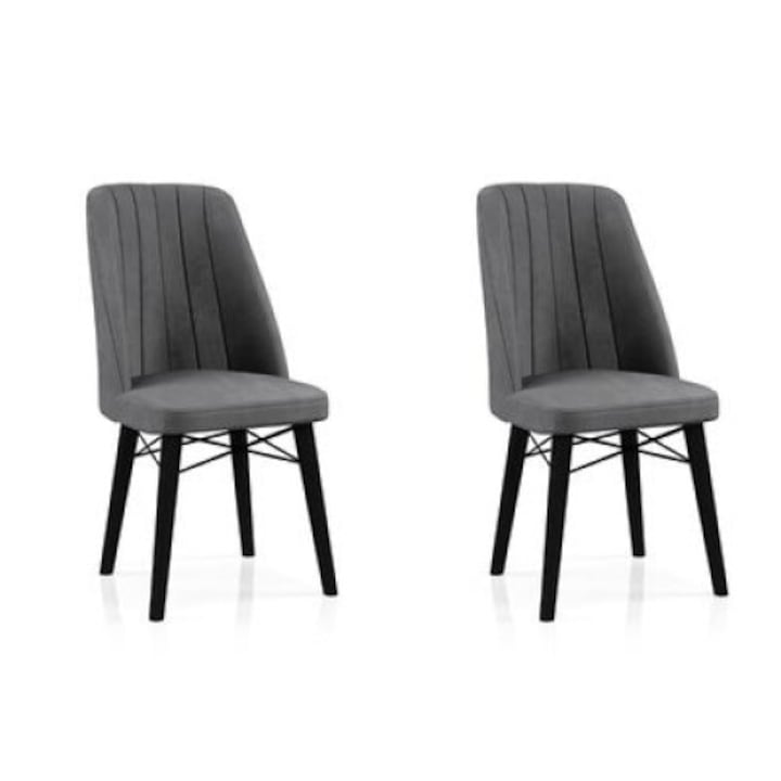 Set Scaune Berlin Babyface Gri antracit, 2 bucati, pentru living si bucatarie, tapitate cu material textile catifea, picioare negru, 98cm x 45cm x 45 cm - Desire Furniture