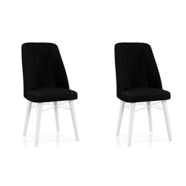 Set Scaune Berlin Babyface Negru, 2 bucati, pentru living si bucatarie, tapitate cu material textile catifea, picioare albe, 98cm x 45cm x 45 cm - Desire Furniture