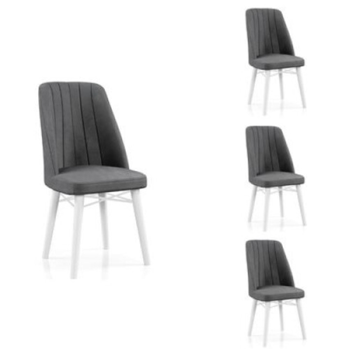 Set Scaune Berlin Babyface Gri antracit, 4 bucati, pentru living si bucatarie, tapitate cu material textile catifea, picioare albe, 98cm x 45cm x 45 cm - Desire Furniture