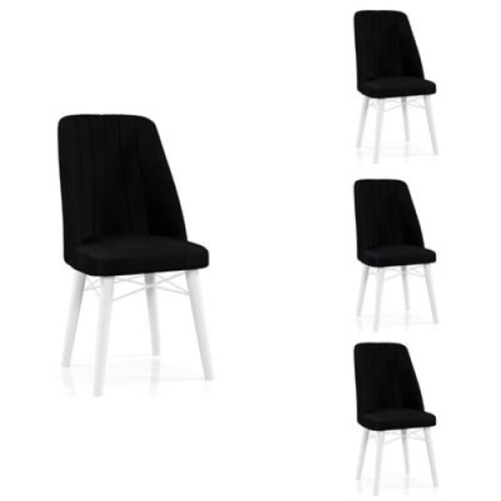 Set Scaune Berlin Babyface Negru, 4 bucati, pentru living si bucatarie, tapitate cu material textile catifea, picioare albe, 98cm x 45cm x 45 cm - Desire Furniture