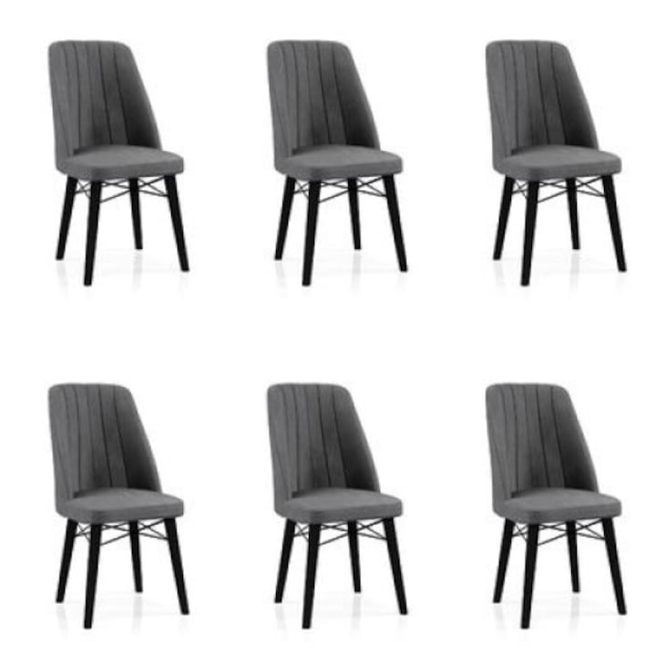 Комплект столове Berlin Babyface Anthracite Grey, 6 части, за всекидневна и кухня, тапицирани с кадифена дамаска, черни крака, 98cm x 45cm x 45 cm - Desire Furniture