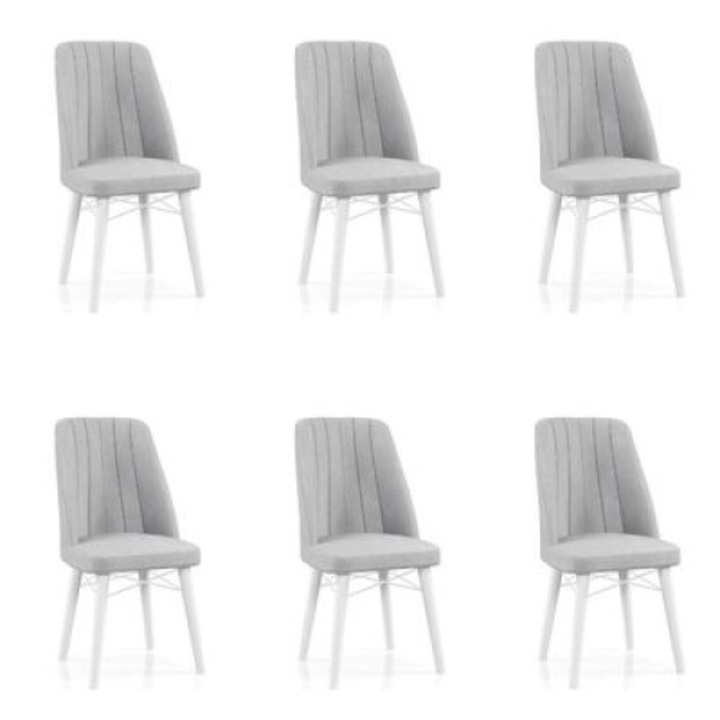 Set Scaune Berlin Babyface Gri, 6 bucati, pentru living si bucatarie, tapitate cu material textile catifea, picioare albe, 98cm x 45cm x 45 cm - Desire Furniture